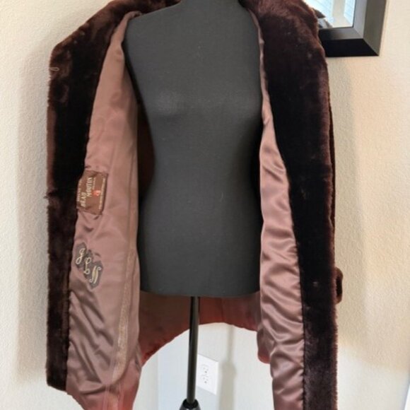 VINTAGE 50s Mouton Sheepskin Fur Chocolate Brown Coat Large - Picture 11 of 16